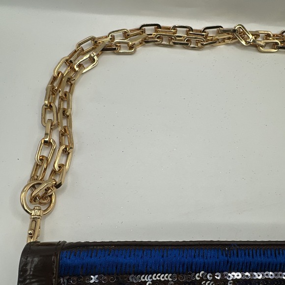 Tory‎ Burch Reva Brown Blue Yellow Embroidery Sequin Clutch Chain Strap RARE - Picture 4 of 9